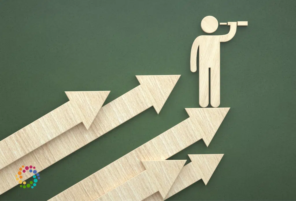 Graphic of arrows pointing up with a human figure holding a telescope